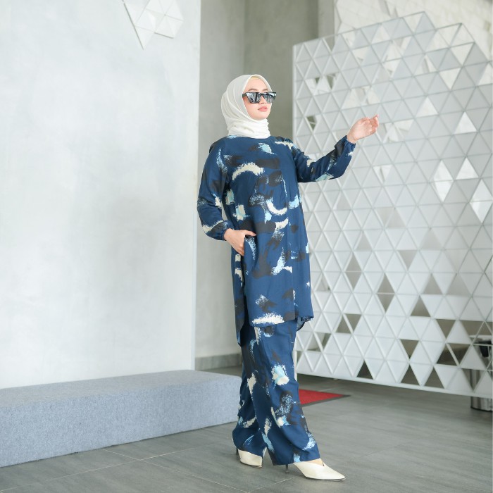 PAJAMAS SET CELANA BAJU MUSLIM ONE SET TEI DYE WANITA PIYAMA PAJAMAS-KK NAVY