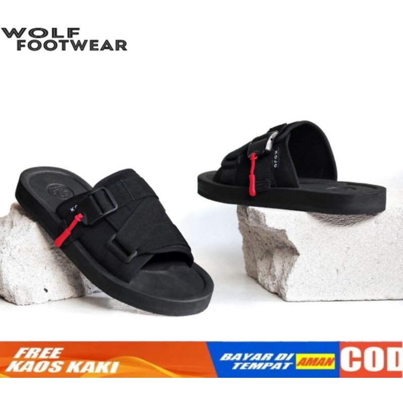 WOLF x KOJO |Sandal Slippers Unisex Anti Licin Sandal Slide Original Sandal Canvas SERIZAWA 2 Flip Flop Strap Black