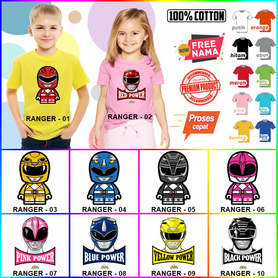 Baju Kaos ANAK DAN DEWASA POWER RANGER COUPLE (FREE NAMA)