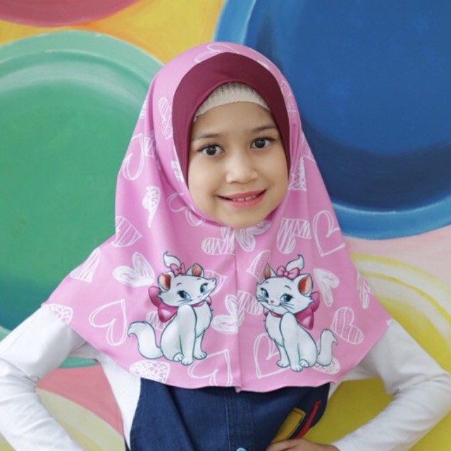 hijab instant KUCING , hijab anak karakter , jilbab lucu , bergo anak