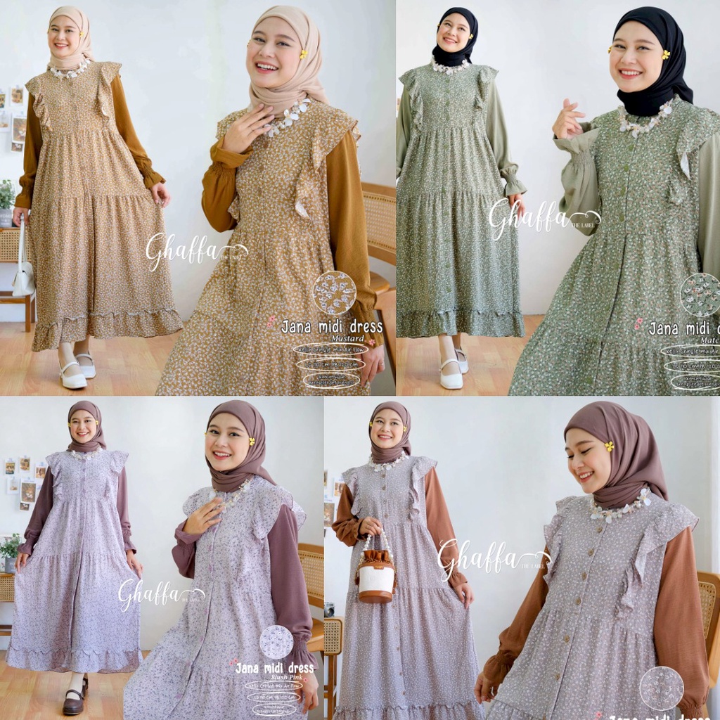 Midi Dress Wanita LD 110 Motif Bunga Bahan Kelly Crinkle Mix Crinkle Airflow Kancing Depan / Ghaffa The Label / Jana