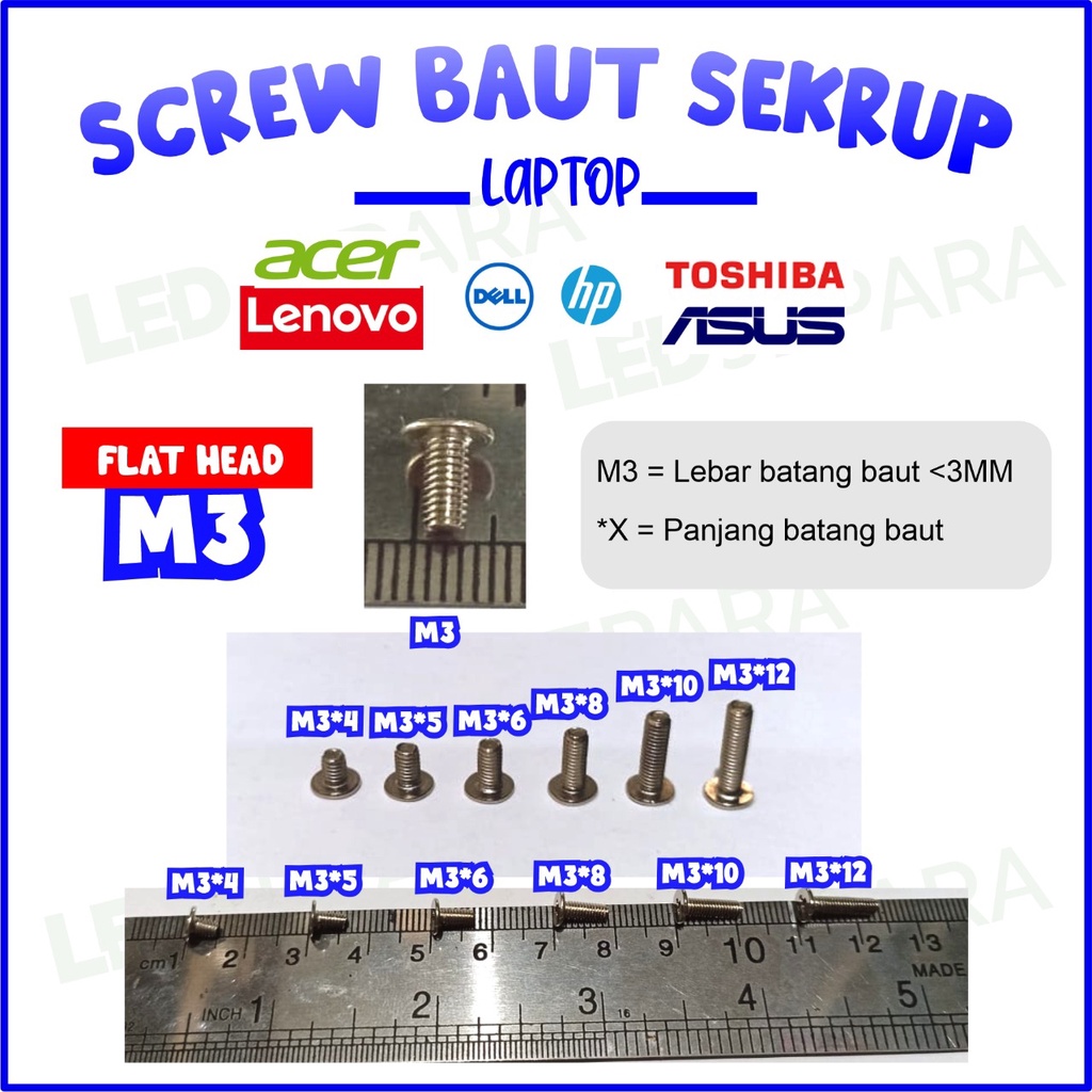 Baut Flat Laptop warna silver warna hitam HP Screw cocok untuk semua Laptop Asus Sekrup Laptop Lenovo Skrup  Notebook Flat Head Baut Kepala Datar Warna HItam Chrome