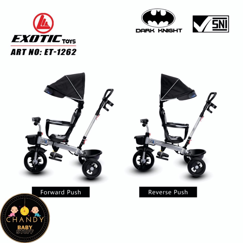 SEPEDA ANAK RODA TIGA TRICYCLE ET 1262 EXOTIC (BATMAN) KURSI BISA PUTAR, LAMPU DAN MUSIK