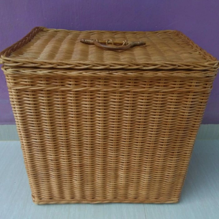 keranjang rotan persegi kotak penyimpanan tutup besar laundry 50x38x45 cm