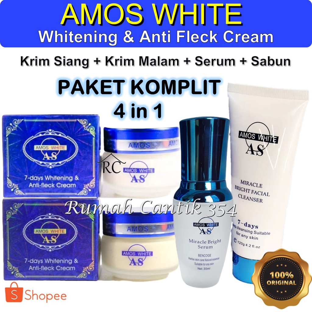 Paket Komplit 4 Item Amos White Rumah Cantik 354 Paket Lengkap 4 in 1 Amos White Perawatan Wajah Krim Siang Malam Sabun Serum Amos Skin Care