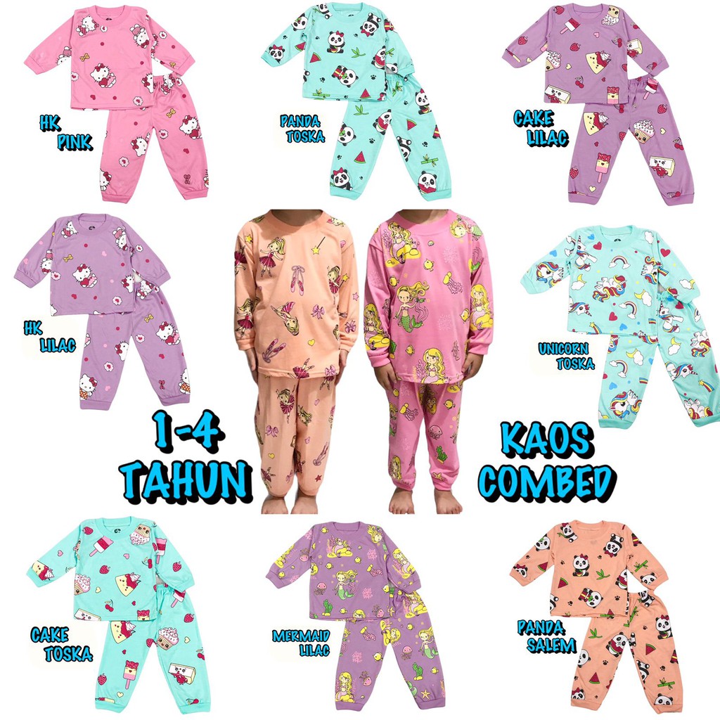 (1 KG MUAT 7 STEL)BAJU TIDUR ANAK KIDS PEREMPUAN/CEWEK SETELAN/STELAN BAHAN KAOS KATUN COMBED PP WARNA