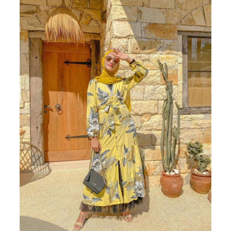 Midi Dress Muslim Tunik / Long Tunik Import Premium Bangkok Casual Dress Warna Yellow