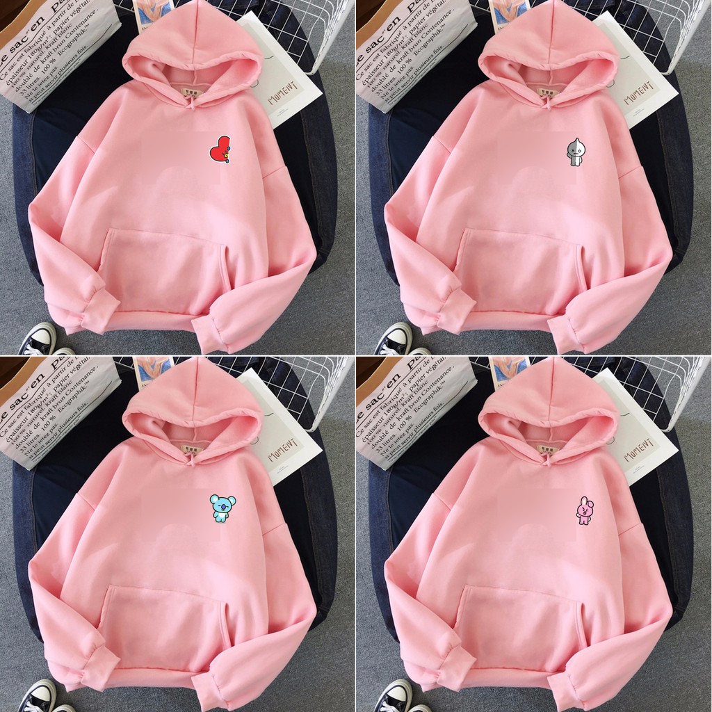 Sweater Hoodie Wanita Pink BTS BT21 Sablon Dada Kiri - Cooky Tata Van Mang Shooky RJ Chimmy Koya-1