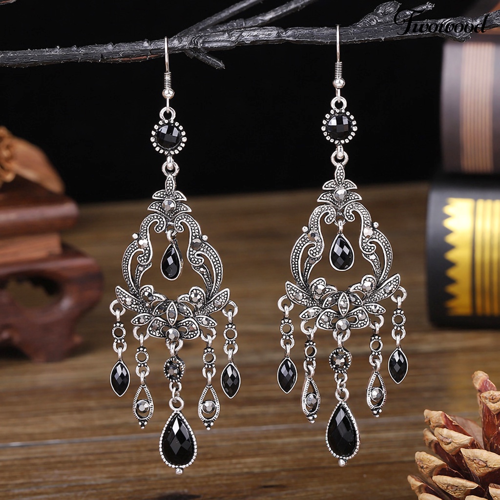 Twowood 1 Pair Dangle Earrings Hollow Flower Tassels Faux Crystal Vintage Long Lasting Hook Earrings for Wedding