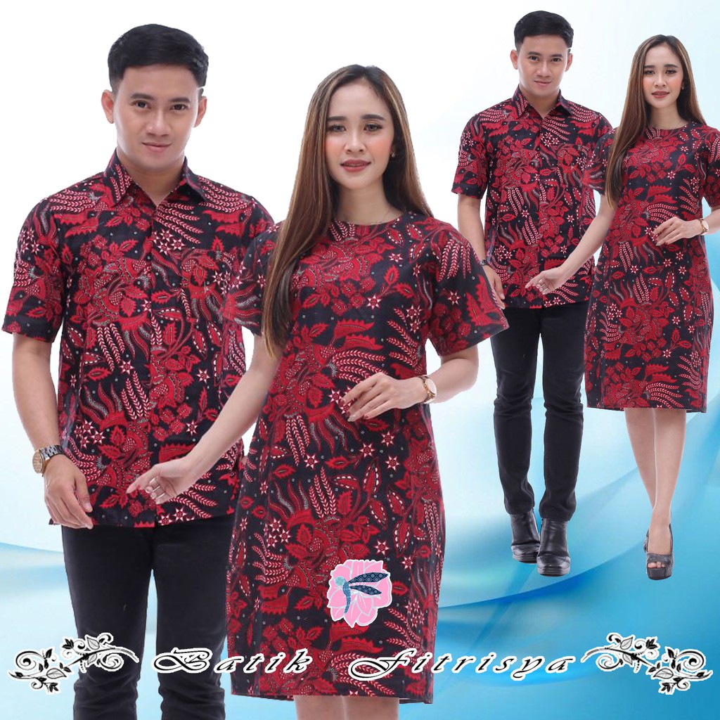 Baju pasangan batik pria dan wanita - dress lengan pendek & kemeja lengan pendek DAUN MAGGAR MERAH H