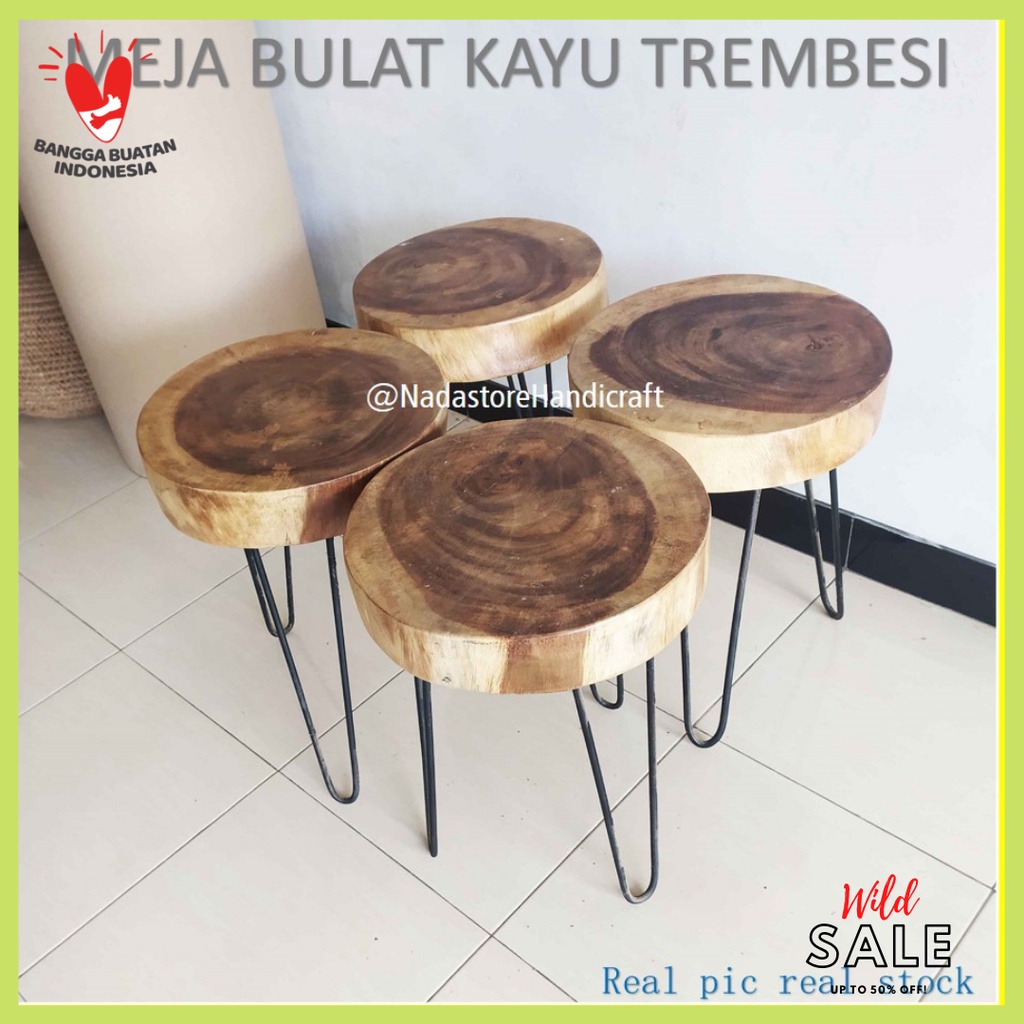 Meja Bulat / Meja rustic / meja akar Jati Bulat / Meja Samping Meja Kayu Kaki besi Bulat 35 cm W003