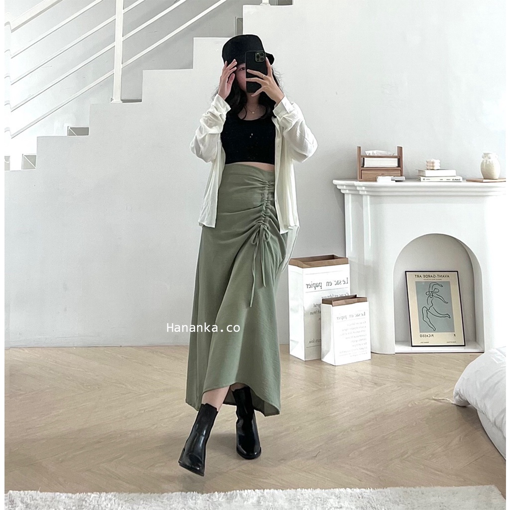 Rok Serut Casual Flowy - Midi Maxi Ruched Skirt - Rok Wanita Korean Look-1
