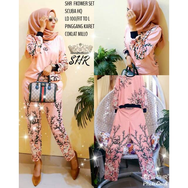 SHR set celana scuba flower by syahira original
