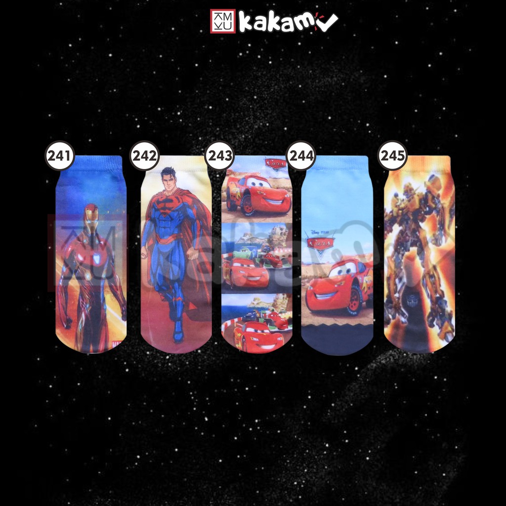 Kakamu Kaos Kaki Printing Anak Karakter Spideman, Cars, Superman, Bumble Bee M