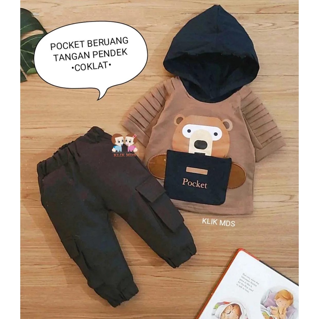 Setelan Anak Laki - Laki / Baju Bayi Laki- Laki Model Hoodie Lengan Pendek  Celana Panjang Ada Kantong Motif Pocket Bear