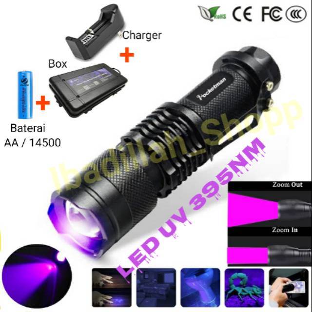 Senter Ultraviolet LED 395nm UV + Baterai + Charger + Box Pocketman P1