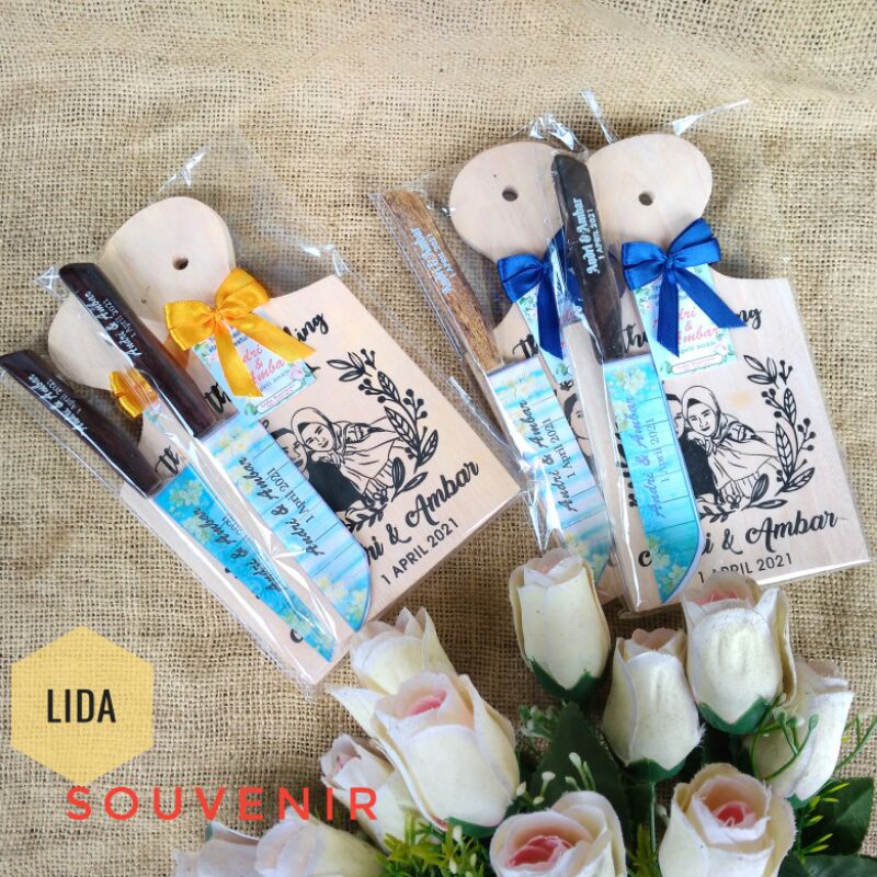 Souvenir pernikahan telenan set pisau sablon/ kayu sablon/telenan sablon custom/telenan dapur/telena