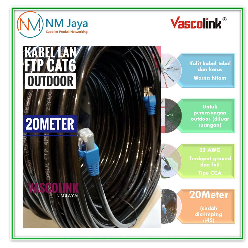 Vascolink Kabel Lan Outdoor 20 Meter Ftp Cat6 Siap Pakai sudah dicrimping rj45 besi dan plugbooth Kulit Kabel Tebal dan Keras Warna Hitam