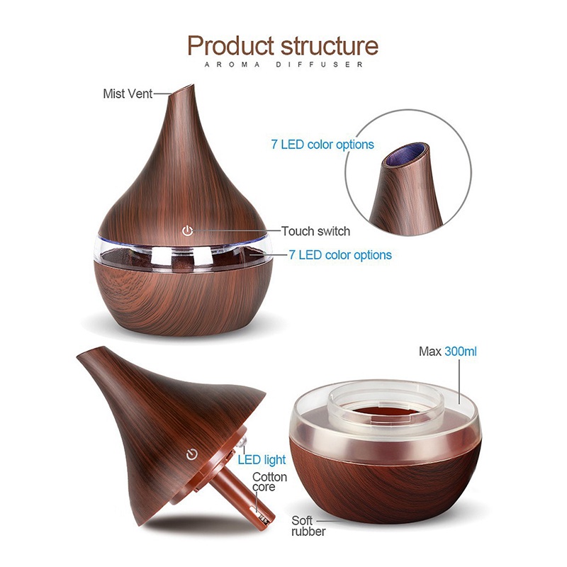 [READY STOK] Humidifier Ultrasonic Air Aromatherapy Wooden Design 7 LED Color 300ml