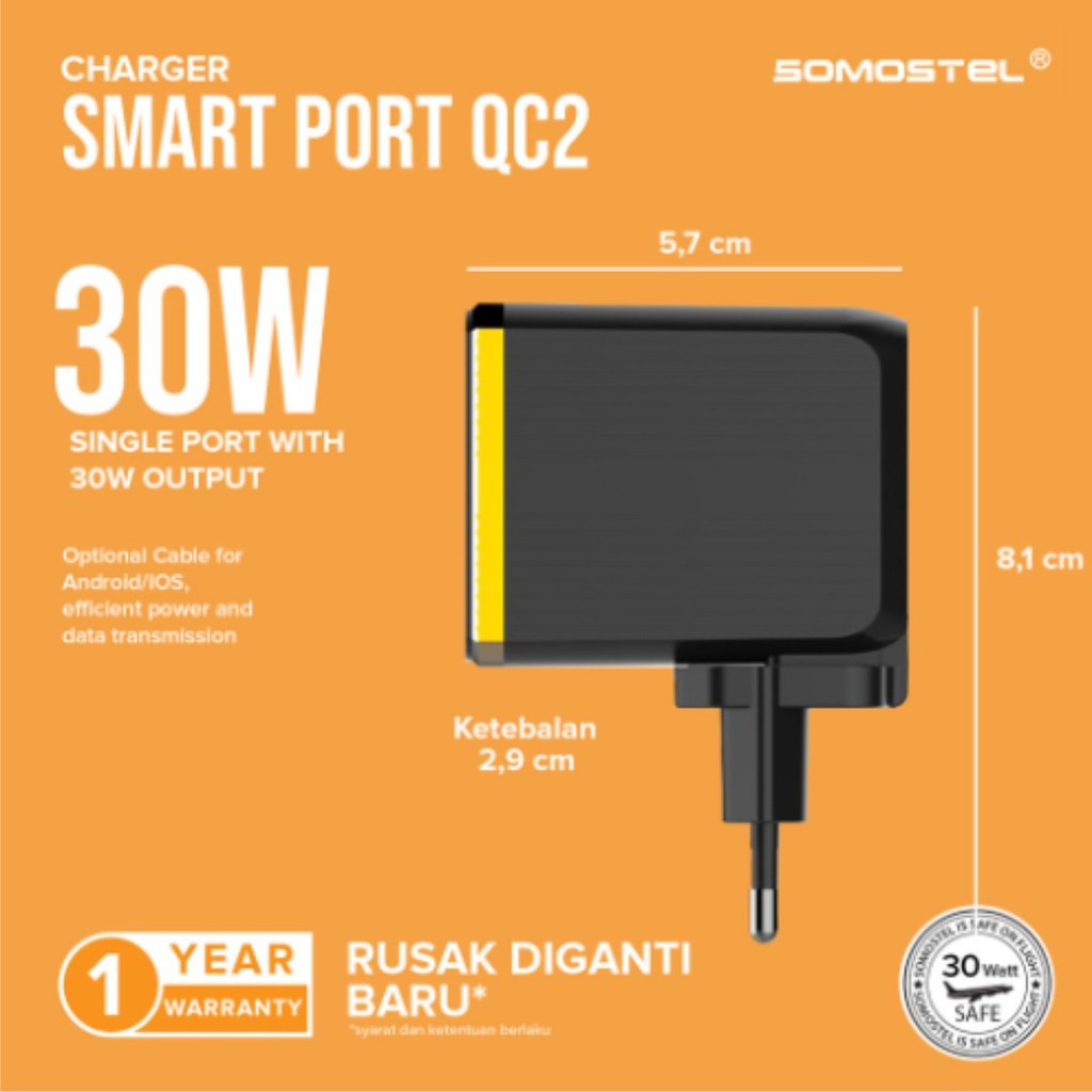 KEPALA CHARGER SOMOSTEL SMART PORT QC2 QC 3.0 2.4A QUALCOMM