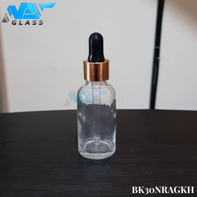 botol kaca pipet 30ml bening tebal - ring almunium gold