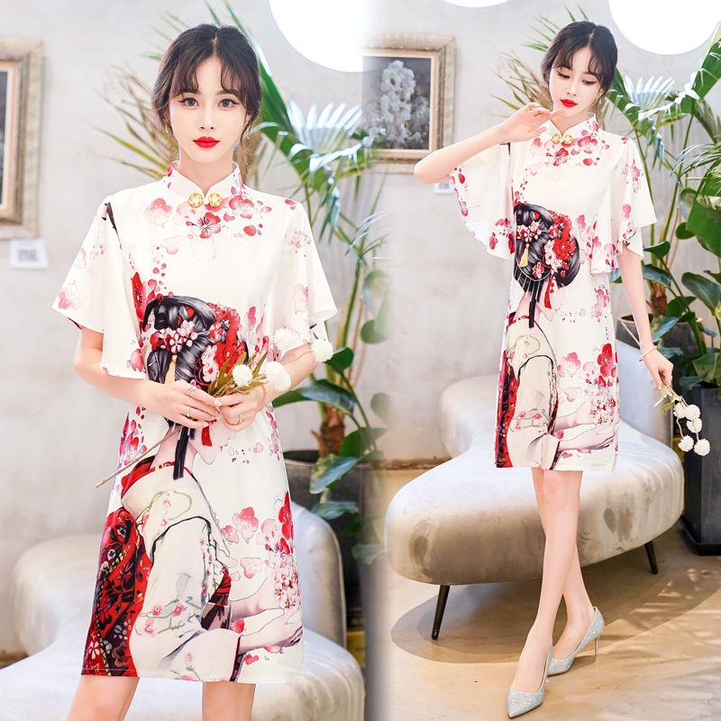 New printed cheongsam 202mm women's dress with large sleeves