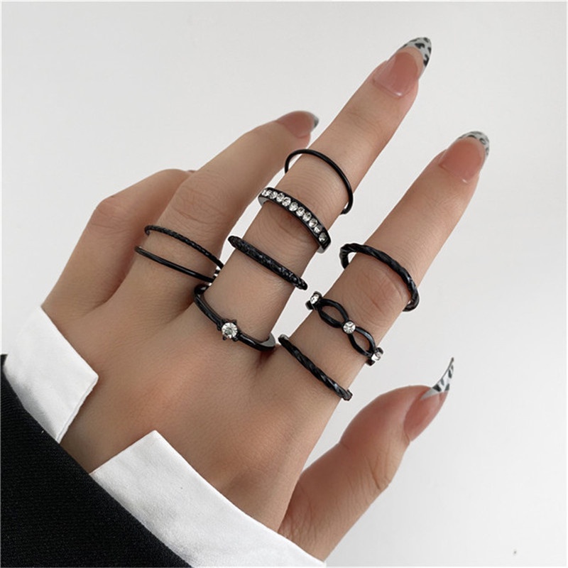 AY(CN) Set Cincin Desain Kupu-Kupu Hati Kristal Mutiara Warna Hitam Gaya Retro Untuk Aksesoris Perhiasan