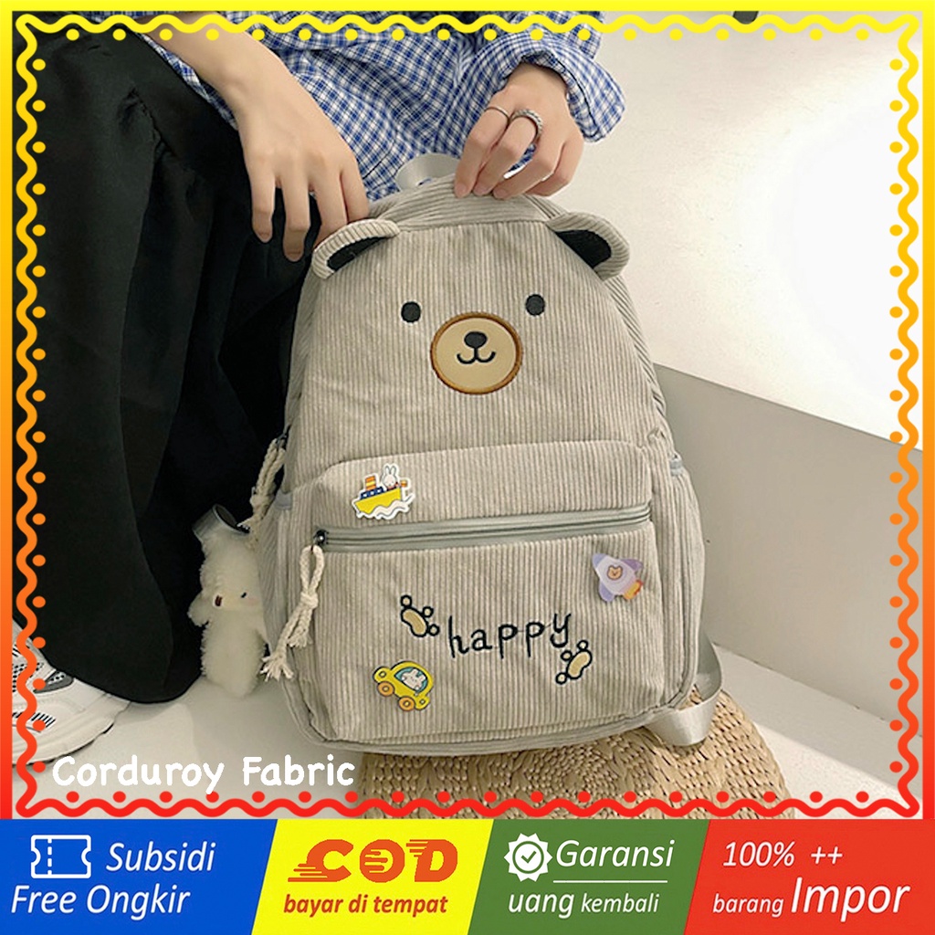 WYK104B Tas Ransel Wanita Korduroi Muka Beruang Face Bear Backpack Feather Impor TKM