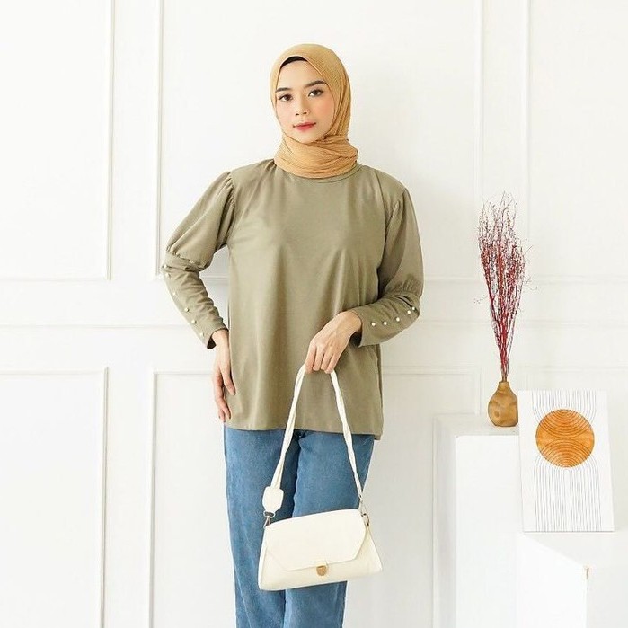 Moana Pearl Blouse - Blus lengan balon mutiaraa wafel velvet