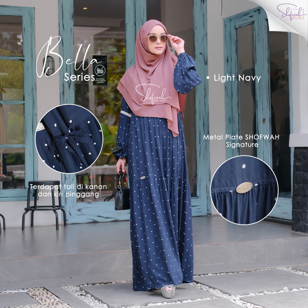 SHOFWAH BELLA DRESS Gamis Syari Maxi Dress Daily Motif Tiny Polka Material Cotton Viscose Laica Balo