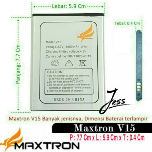 Baterai Battery Batre Original MAXTRON V15 ( Ukuran Panjang 7.7 cm Lebar 5.9 cm Tebal 0.4 Cm )