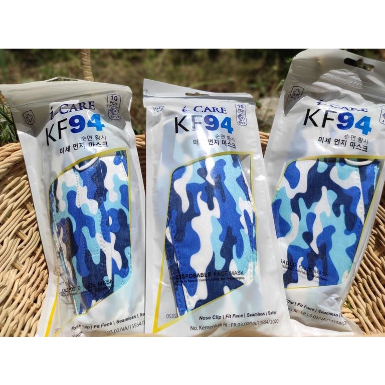MASKER KF94 ICARE KEMASAN ZIPLOCK BERSEGEL HYGENIS KF94 MOTIF TOSCA ARMY BIRU