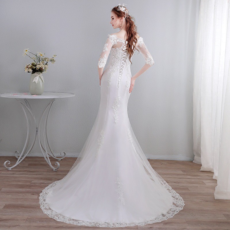 Putih Sabrina Mermaid Wedding Dress Gaun Pengantin Renda Putri Duyung Fishtail Bridal Dress