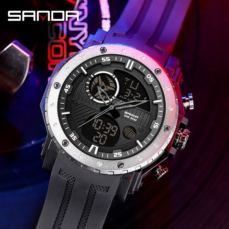 SANDA 6012 Jam Tangan Pria Digital Analog Tali Rubber Chronograph Anti Air WATCHKITE WKOS