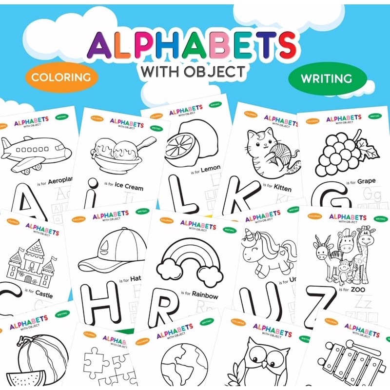

KERTAS ABJAD MENULIS MEWARNAI COLORING SHEETS ALPHABETH WITH OBJECT EDUKASI