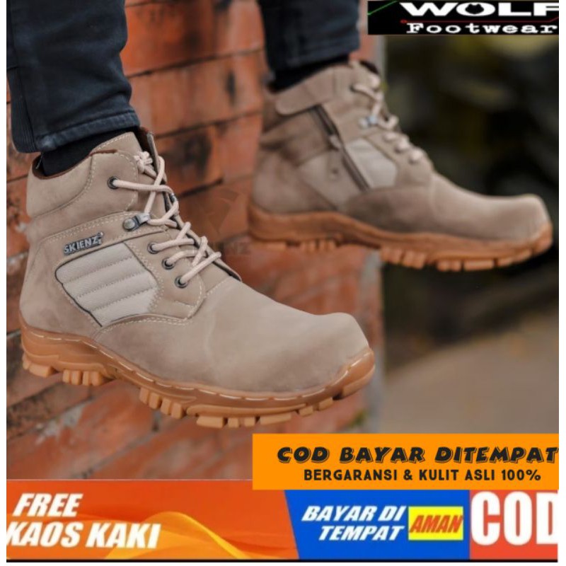 SEPATU SAFETY BOOTS PRIA 100% KULIT ASLI BIKERS TOURING BOOT CORDURA CREAM