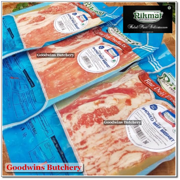 

SMOKED BEEF BRISKET SLICED frozen NIKMAT Halal Delicatessen Soejasch Bali 250g