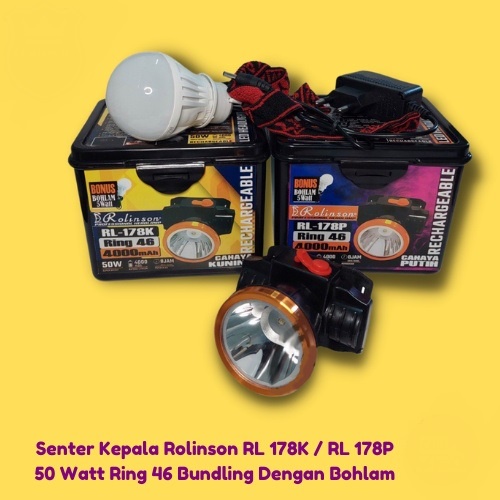 Senter Kepala Berkemah LED Super Terang 50 Watt Cahaya Putih  dan  Kuning RL-178P 178K free(gratis) Bohlam 5watt