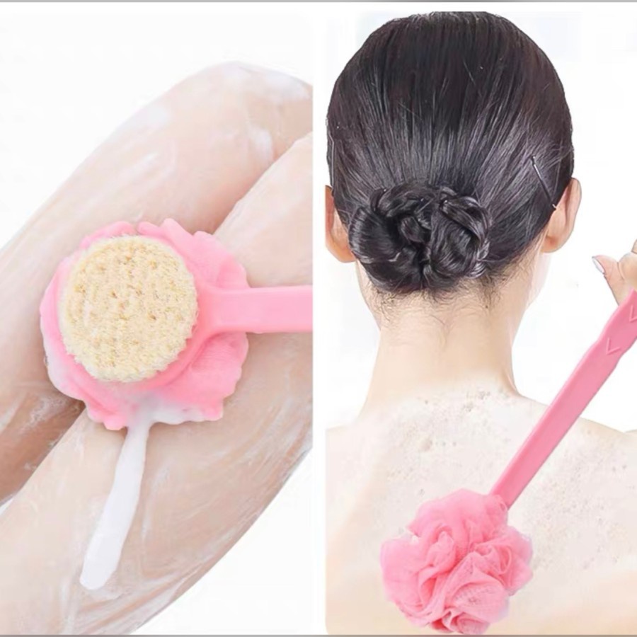 Shower Puff + Sikat Gosok Punggung Gagang Panjang Spons Mandi 2 Sisi /Sikat Gosok Badan Mandi Sikat + Spons Sponge Puff