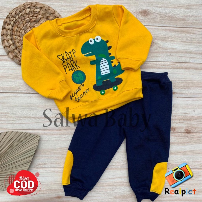 Setelan Baju Bayi Setelan Sweater Bayi Joger Bayi Bahan Pleece Karaketr Dino Usia 3-12 Bulan Almeera Baby and Kids