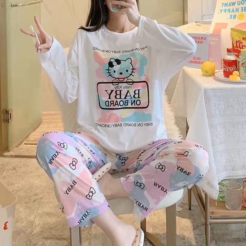 Setelan Piyama Bahan Adem Lengan Panjang Oversize Karakter Lucu Baju Tidur Wanita-rainbow h.kitty