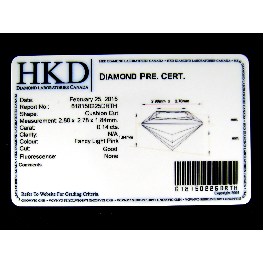 HKD Certified Cushion 0.14ct 2.8mm Fancy Pink Natural Pink Diamond DD193