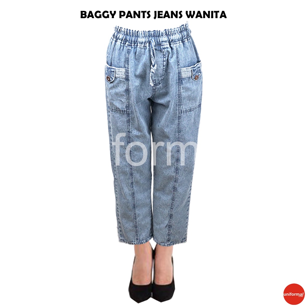 Celana Baggy Pants Jeans Wanita,  Celana Perempuan Pinggang Karet Tali, Celana Wanita Kekinian Saku Depan, Baggy Boyfrend Mid Waist ROSE BAGGY PANTS // BOYFRIEND JEANS SNOW