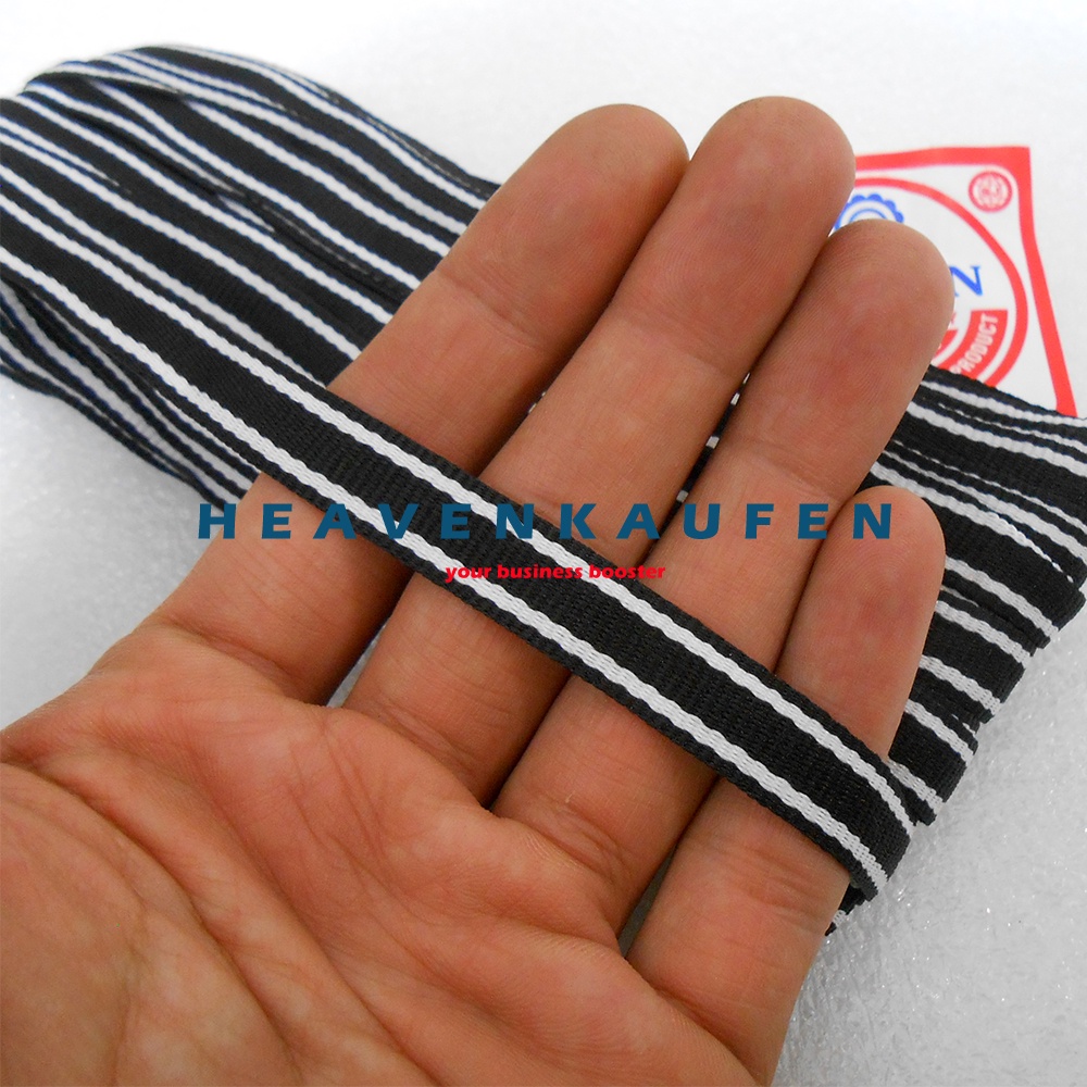 Webbing Strip Halus Lebar 1 cm Warna Hitam Strip Putih Harga Per Rol isi 18 Meter