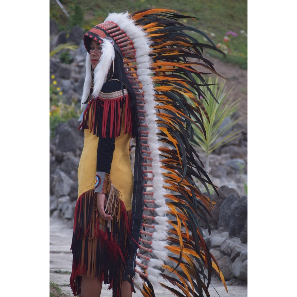 TOPI INDIAN - INDIAN HEADDRESS LONG AYAM BILABONG ORANGE FUR PUTIH