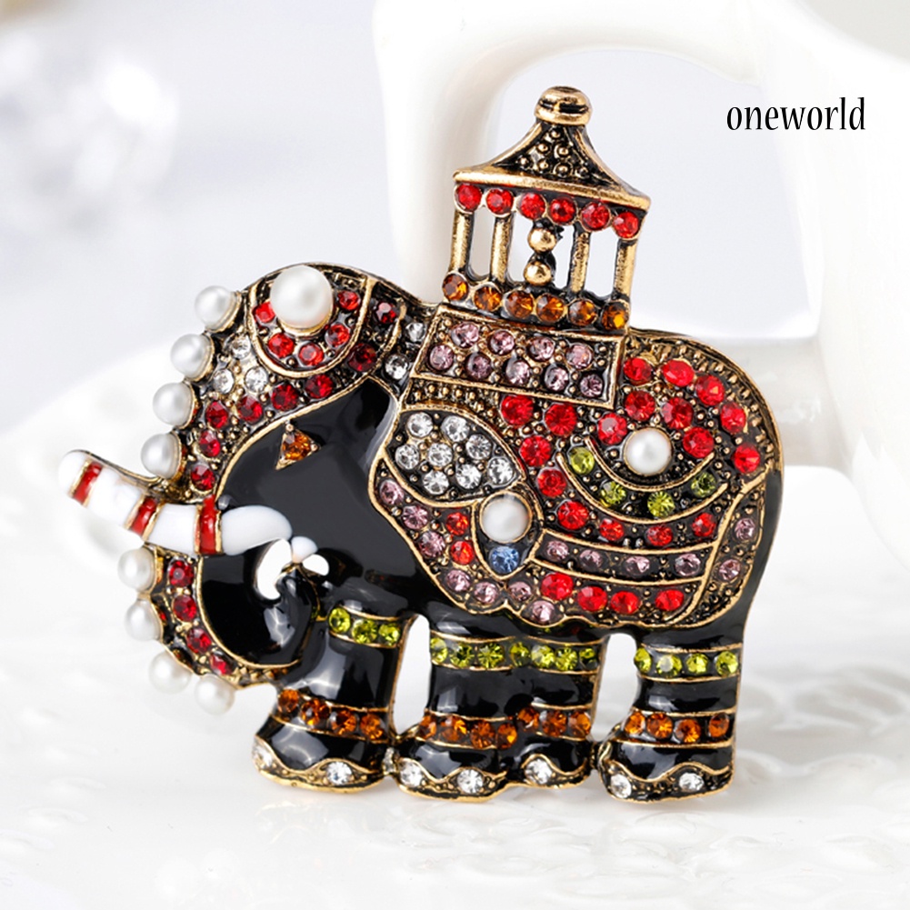 OW@ Thailand Elephant Retro Colorful Rhinestone Faux Pearl Brooch Pin Scarf Jewelry