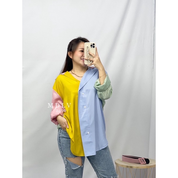 MDLV ~ 2490 Estrillian Patchwork Shirt Free Belt Women Rainbow Shirt Cotton Premium Kemeja Wanita Kemeja Premium Kemeja Lengan Panjang Kemeja Korea Fashion Import