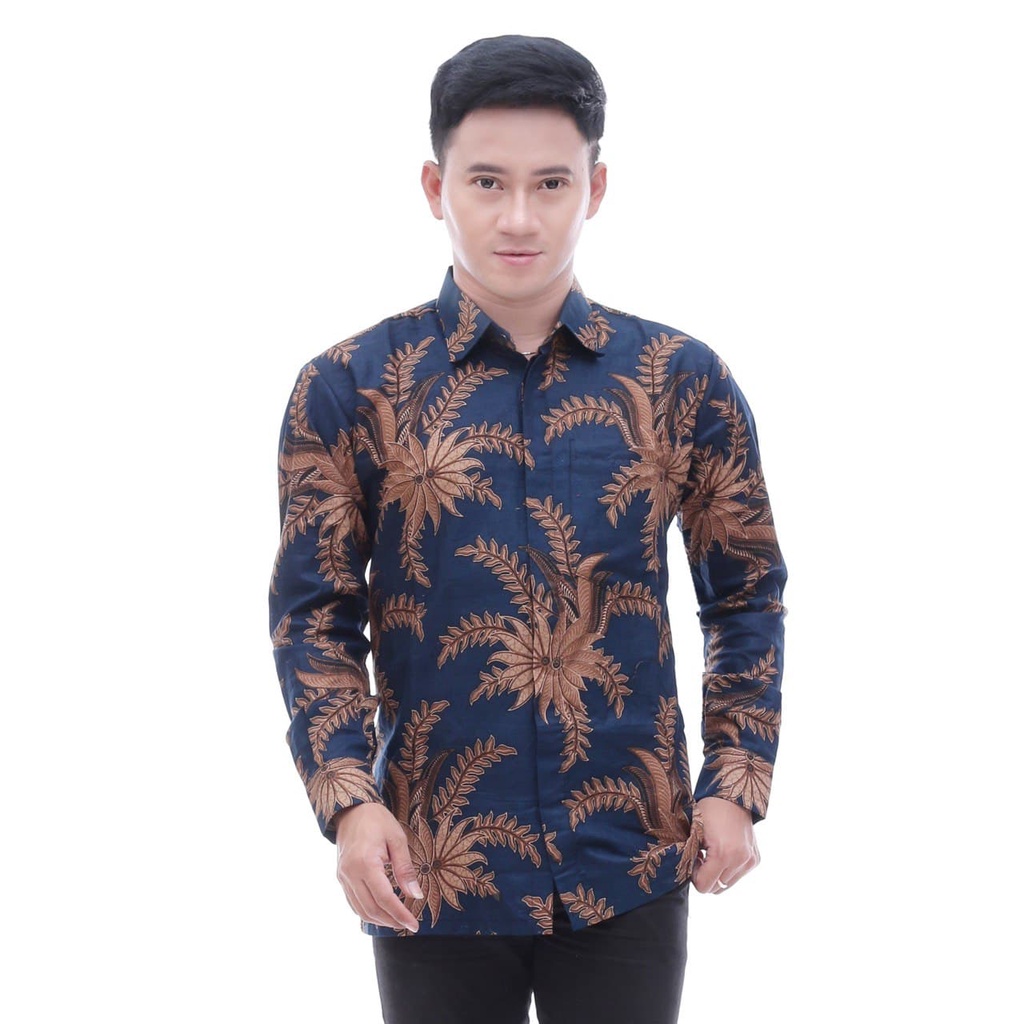 Batik Pria Lengan Panjang BATIK BERKAH HRB026 motif KERATONAN Kode 002 size M L XL XXL Reguler-Kmj kembang navy