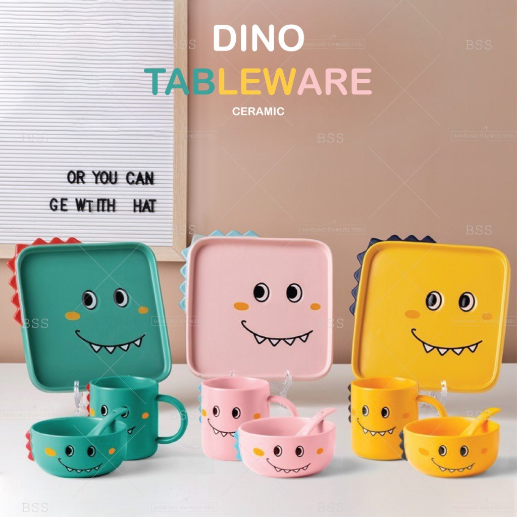 Mangkok Keramik Bowl Cereal Mug Cangkir Dinosaur Gelas Minum Dino Anak-Anak Lucu Warna Warni