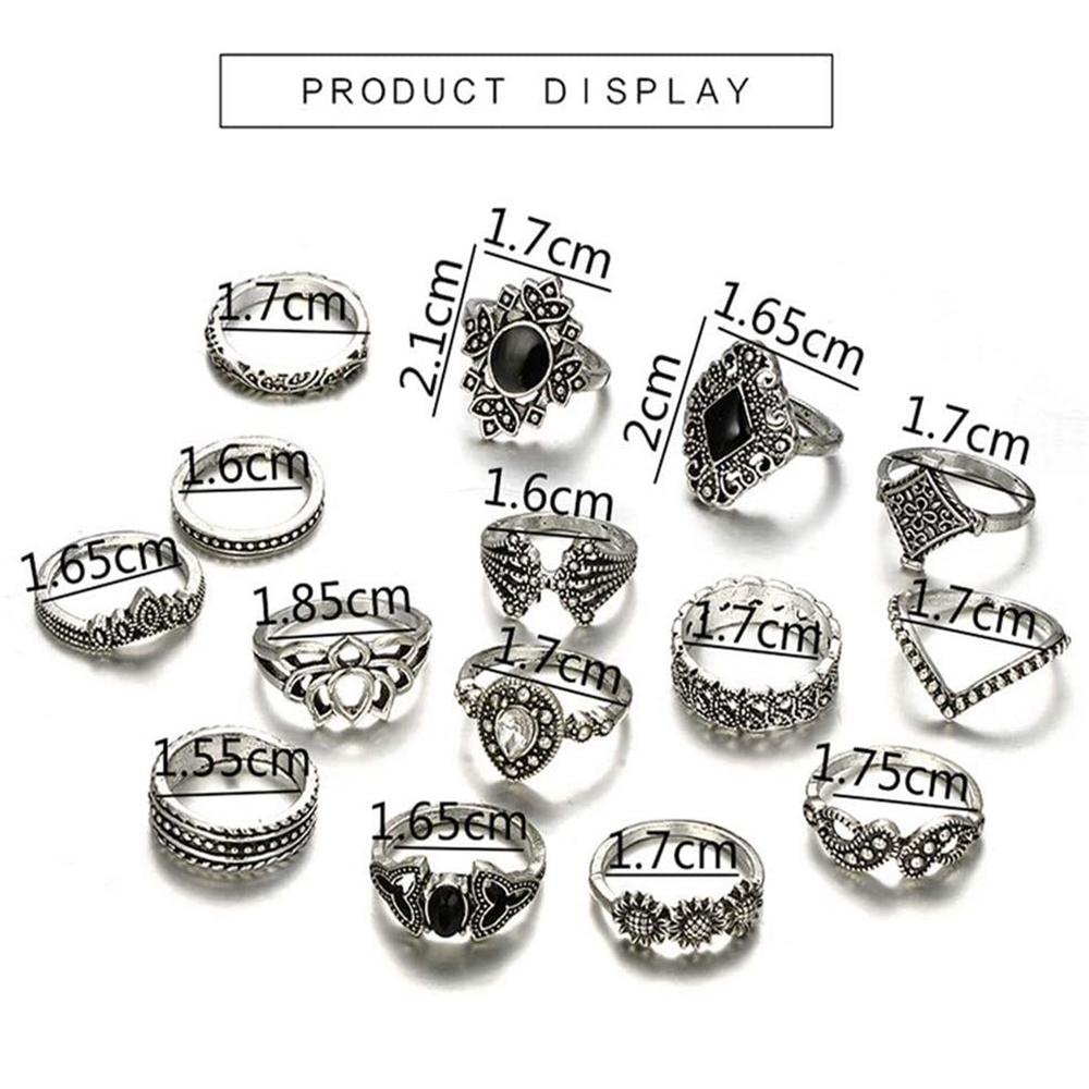 Lily 15PCS/Set Cincin Set Fashion Bintang Vintage Perak Aksesoris Tangan